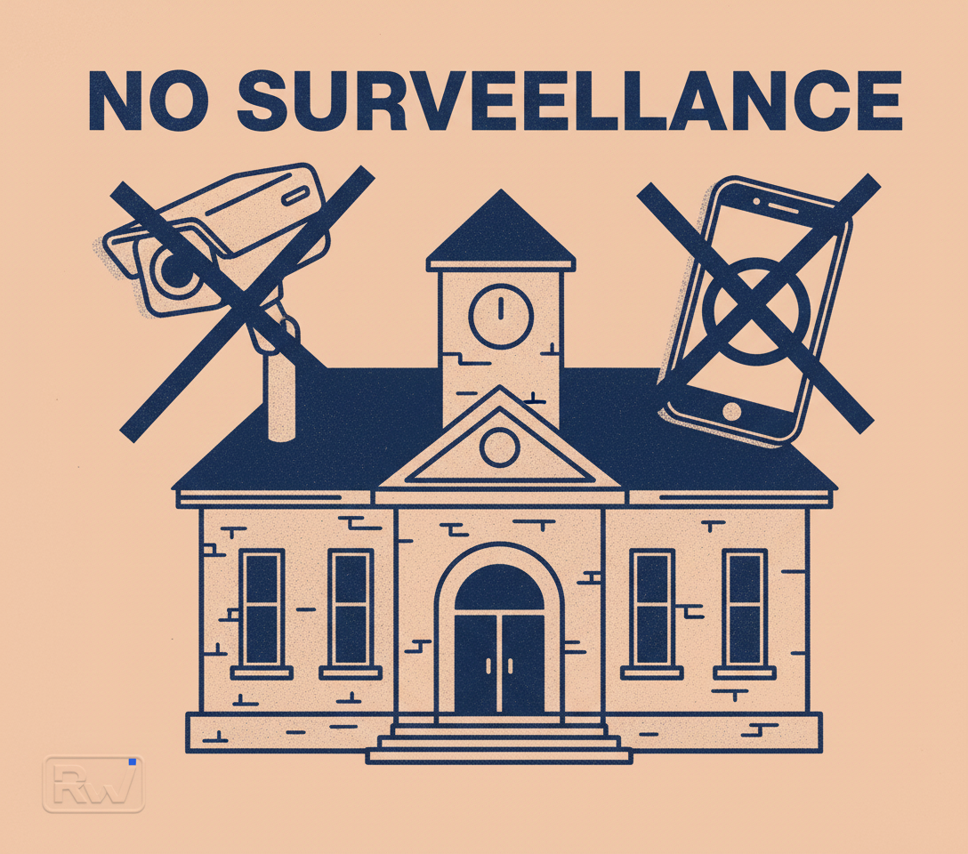 Small town council rejecting surveillance technology and contemplating a ban on personal tech (Risograph two-color print, coarse grain, visible misregistration, with primary inks in Dusty Peach and Deep Indigo)
