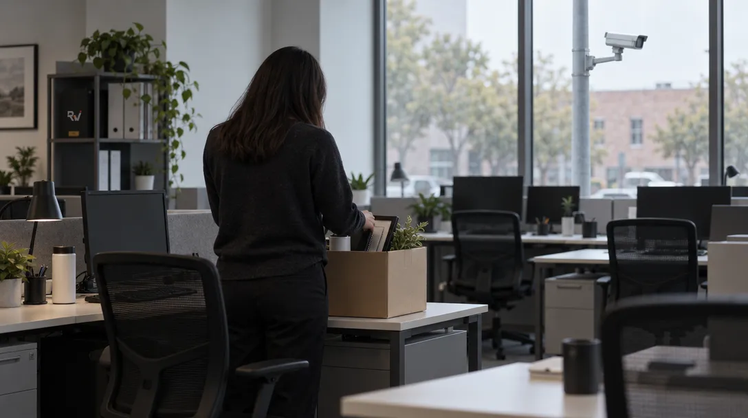An office worker packs belongings beside empty desks, with a generic street surveillance camera visible through the window.