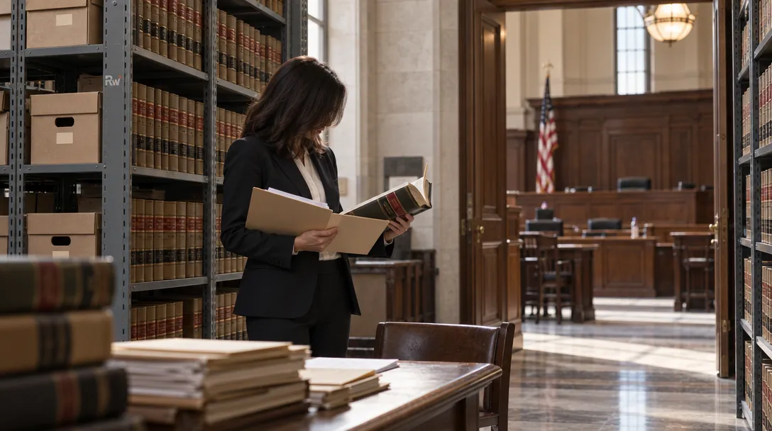 A woman reads an open book while holding folders between law book shelves, with a courtroom and U.S. flag beyond.