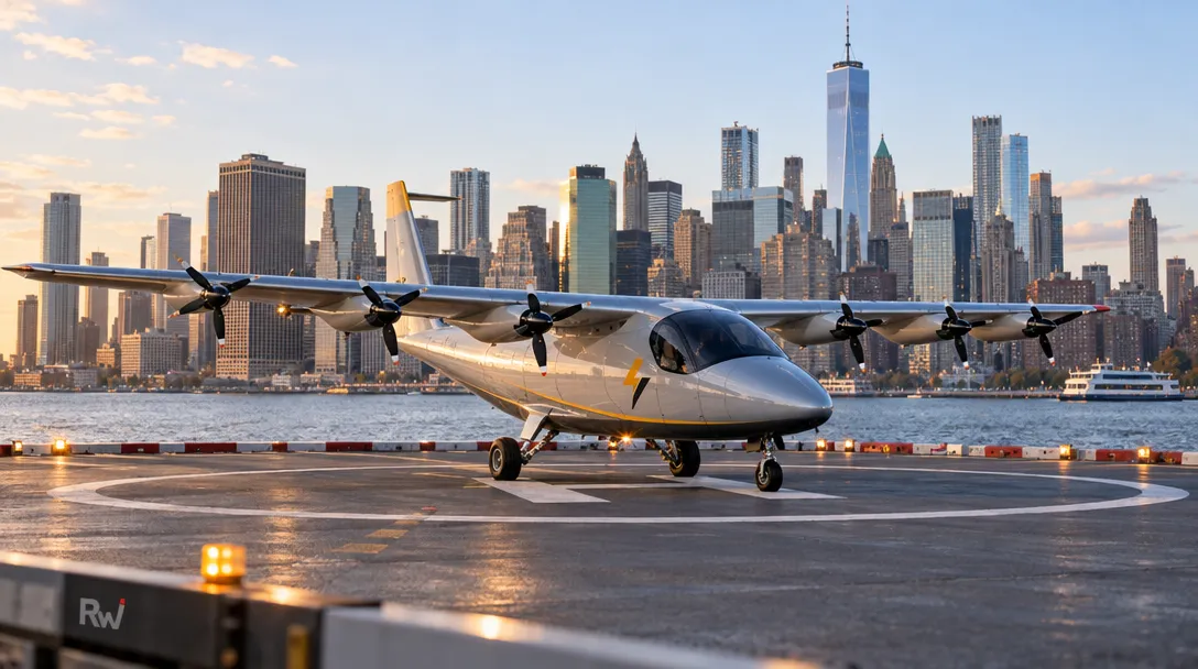 A multi-propeller airplane sits on a waterfront helipad before a city skyline, with “Rw” printed on a barrier.