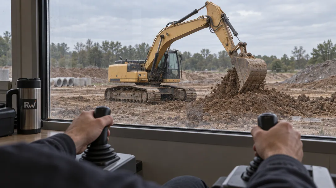 An excavator moves soil outside as an operator works joystick controls in a plain site control room.