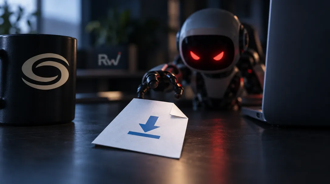 A small robot with glowing red eyes reaches toward a sheet with a blue download arrow, beside a black mug with an S-shaped logo and a laptop.