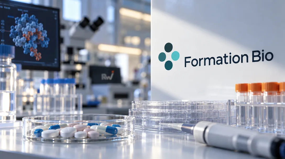 Formation Bio logo above a lab bench with pills in a dish, clear vials, a pipette, and a monitor displaying a molecular model.