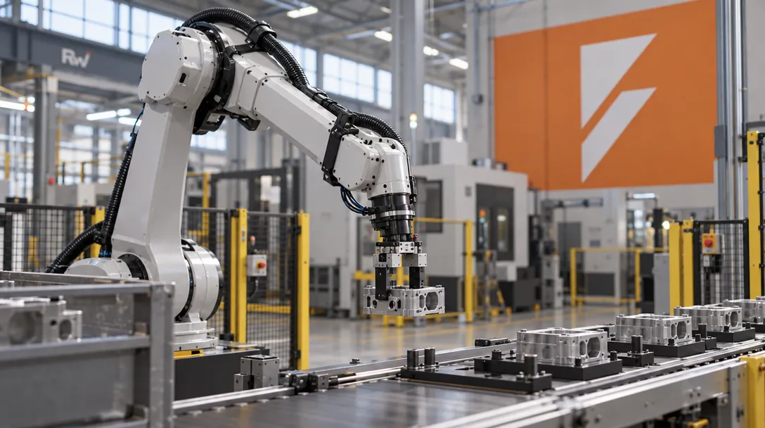 An industrial robot moves a metal component beside a production line beneath a Formic sign.