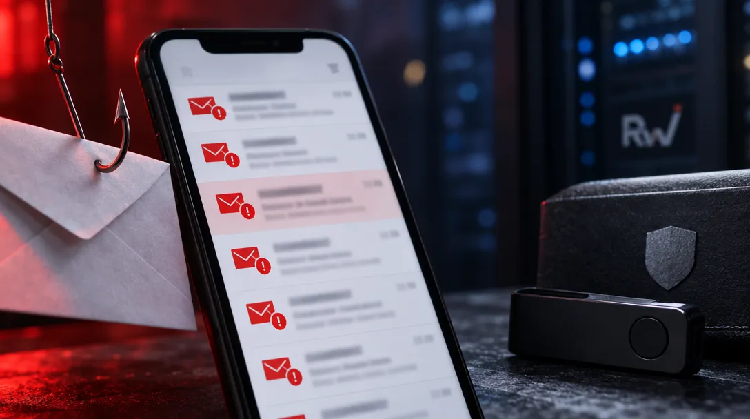 A hooked envelope hangs beside a phone showing red warning mail icons, with a black device, shield emblem and “Rw” lettering nearby.