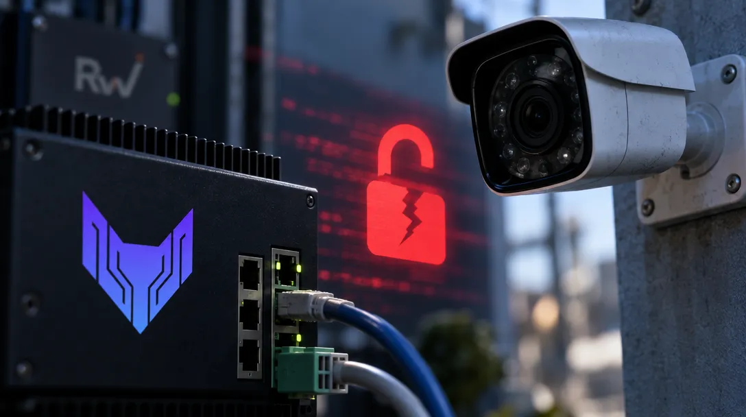 A mounted security camera faces a network device with connected cables, a purple emblem, and a glowing red broken-padlock symbol.