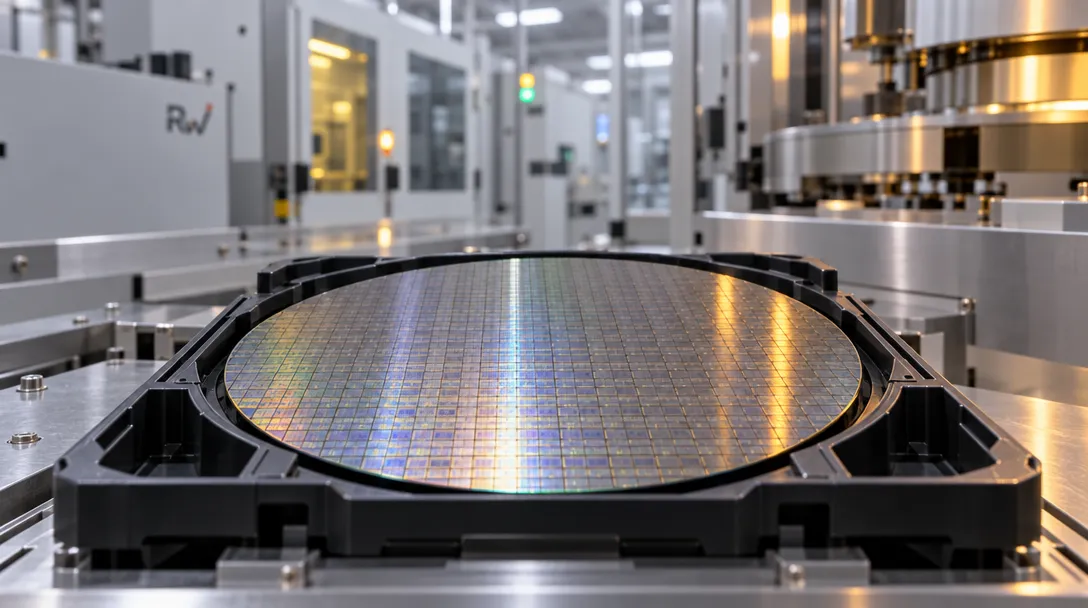 A patterned silicon wafer sits in a black holder amid stainless-steel semiconductor manufacturing equipment.