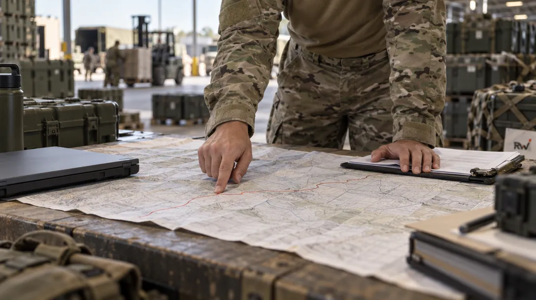 A military logistics planner studies a paper route map beside unmarked supply crates in a warehouse.