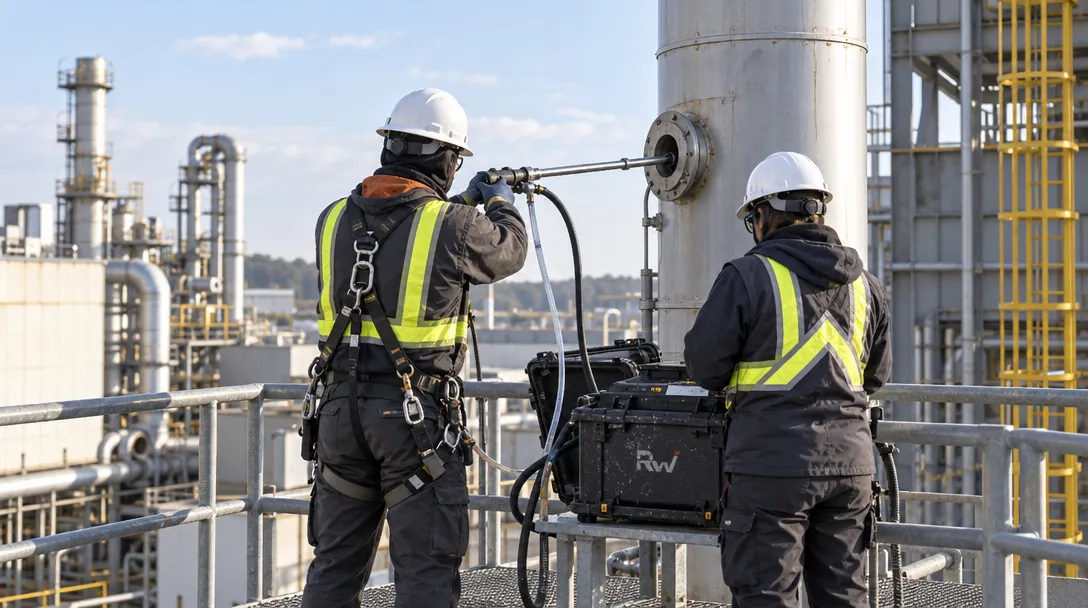 Two workers in hard hats and reflective harnesses use a long tool on a metal tank beside a case marked “RW.”