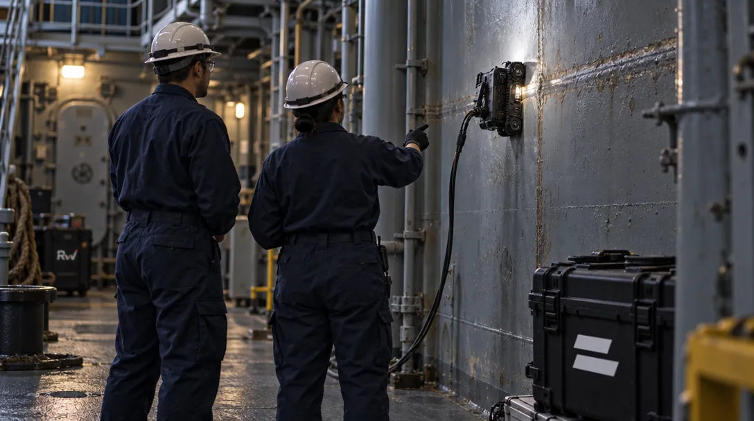 Two naval maintenance workers watch an inspection crawler on a ship’s steel bulkhead beside a Gecko Robotics equipment case.