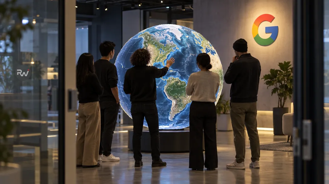 Five builders gather around an interactive three-dimensional globe beneath a Google sign.