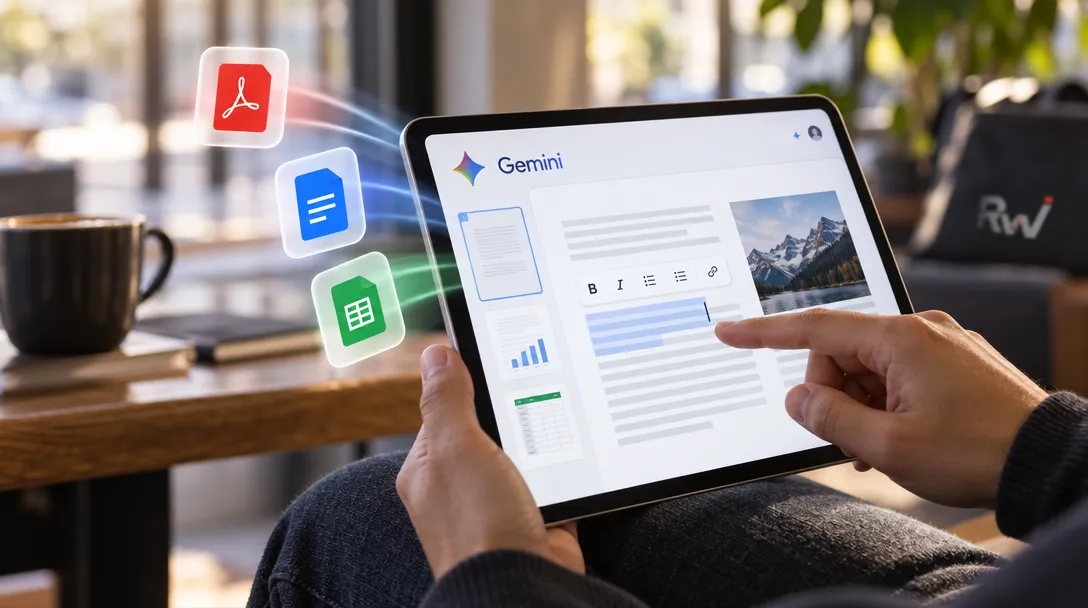 A hand taps a tablet displaying Gemini and a document, with PDF, document and spreadsheet icons beside it.