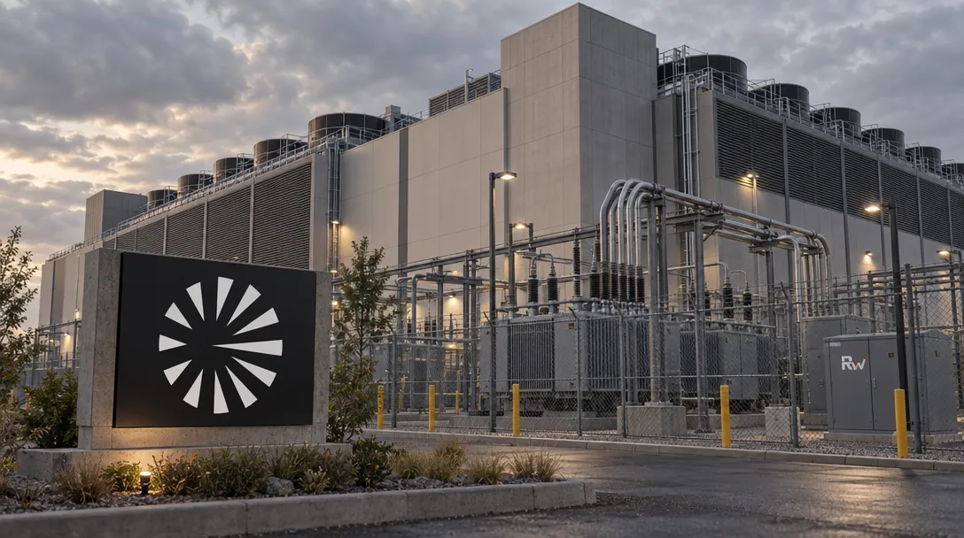 A fenced industrial facility with pipes and electrical equipment stands behind a black sign with a white radial logo; “RW” appears on a cabinet.