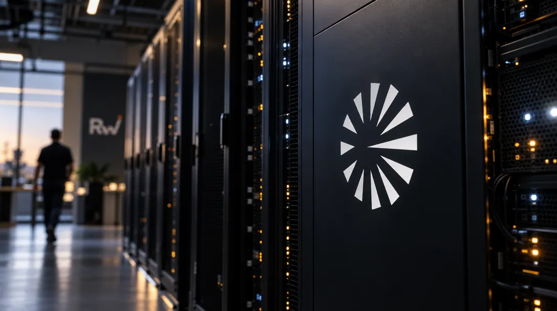 A person walks past rows of server racks, one bearing a large white radial logo.