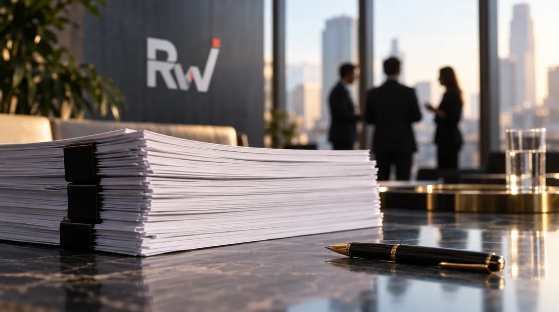 A stack of papers and a black-and-gold pen sit on a table as three people talk by the windows beneath an “RW” logo.