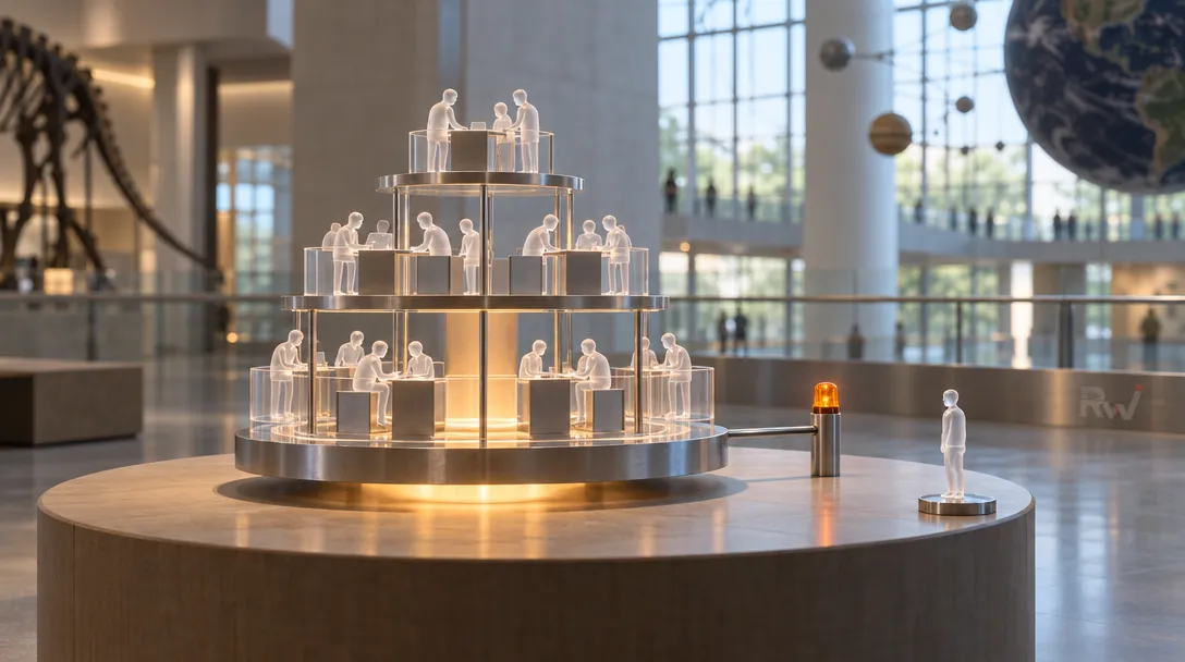 A glowing tiered circular display holds miniature figures at desks, with a lone figure beside it, an amber beacon, hanging planets, and an “Rw” mark.