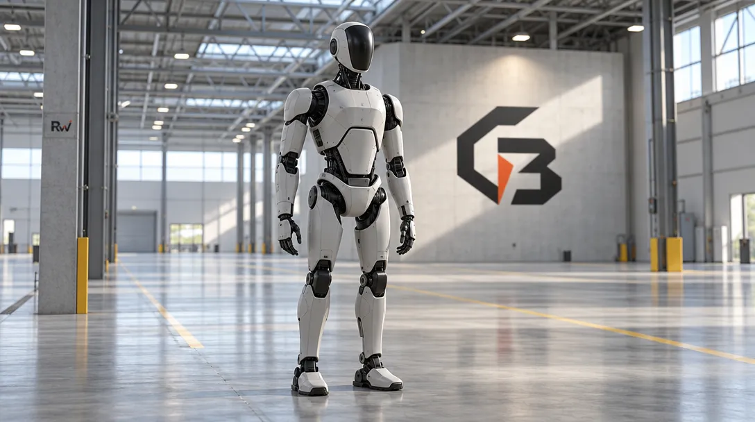 A humanoid robot stands on the floor of a vast industrial testing hall, with the Generative Bionics logo on the wall.