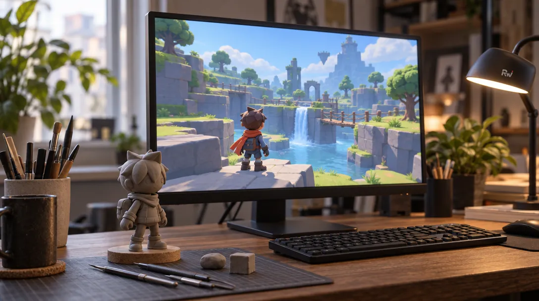 A desktop game-development workspace has a monitor showing a small 3D game world and a sculpted character model on the desk.