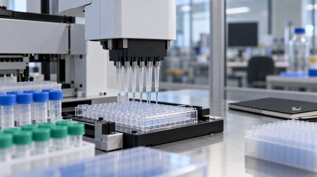 A robotic liquid handler dispenses samples into an assay plate in a biotech lab, illustrating Ginkgo Bioworks’ lab services for NSF’s X-Labs program.