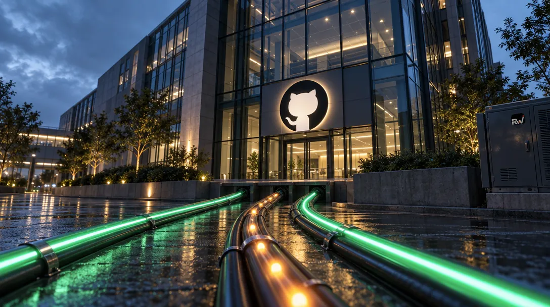 A glass office building with a glowing GitHub logo stands behind green and amber illuminated pipes on wet pavement at dusk.