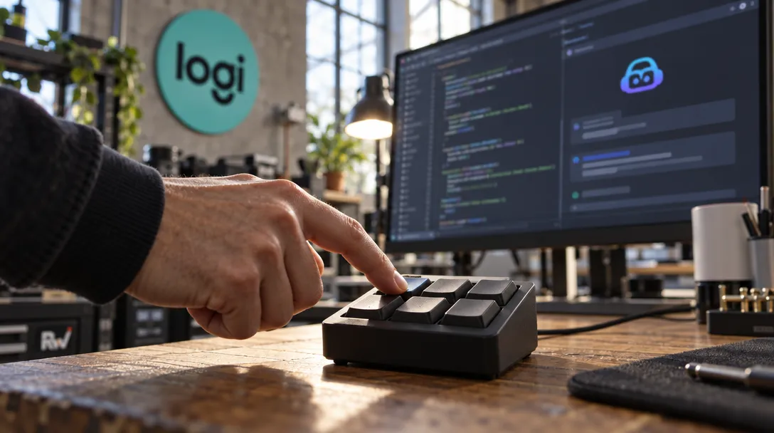A hand presses a compact keypad beside a code workspace, with a Logitech sign on the studio wall.