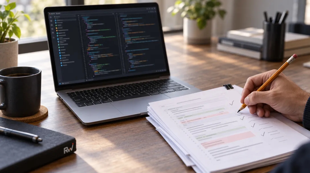 A laptop with code sits beside pull-request pages as a reviewer holds a pencil over them.