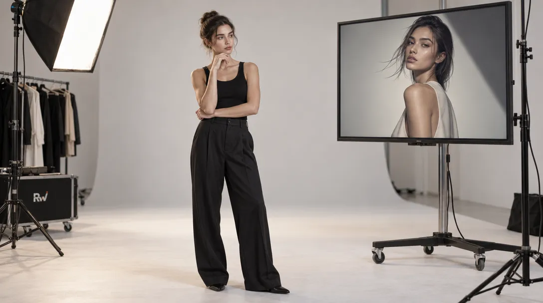 A woman in a black tank top and trousers poses beside a monitor showing a portrait, with studio lights, a clothing rack, and an RW-marked case nearby.