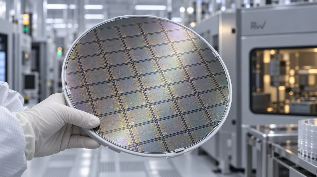 A silicon interposer wafer is handled in a cleanroom, illustrating GlobalFoundries’ agreement to manufacture TSMC’s advanced-computing interposers.