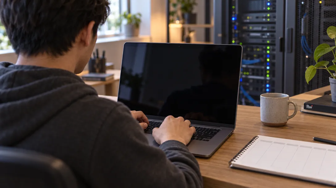 A developer works at a laptop beside a weekly planner, with unbranded server racks in the background.