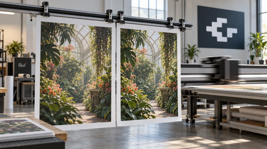 Two botanical art prints with differing fine detail hang beside a moving print carriage in a studio bearing a GMI Cloud sign.