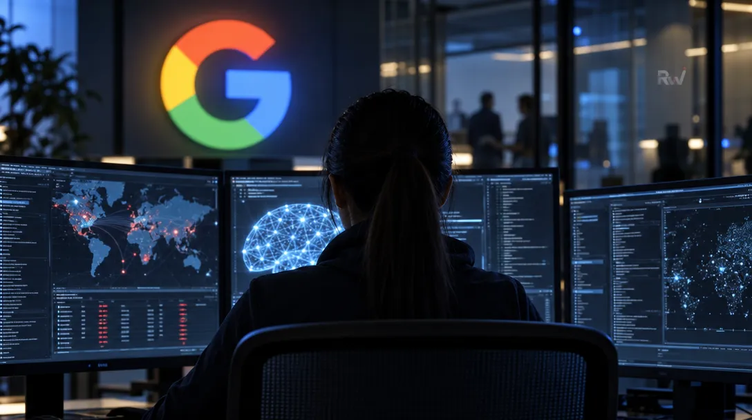 A seated person faces several monitors displaying maps and data panels beneath a large multicolored Google G logo.