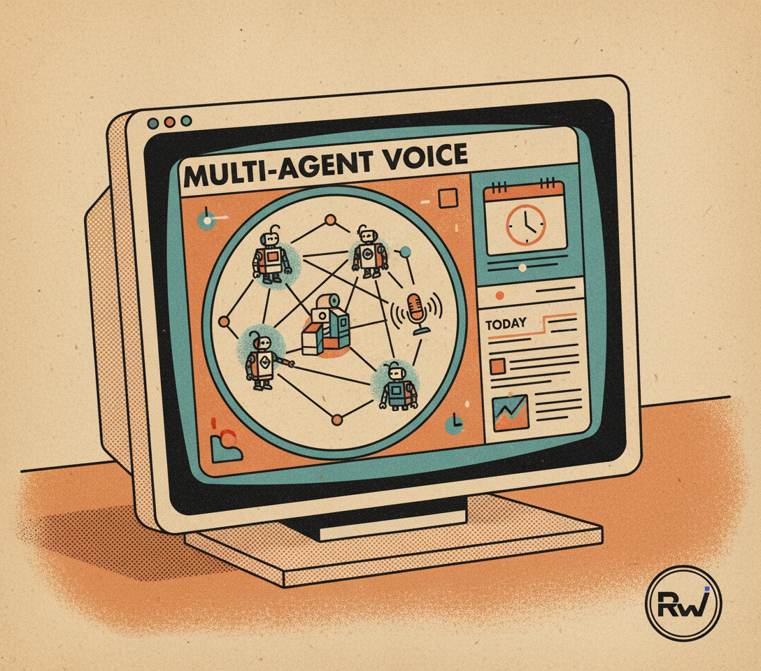 A stylized desktop interface of Google's Antigravity 2.0 application, showcasing multi-agent collaboration and voice interaction. (1970s offset-print magazine illustration, characterized by visible halftone dot patterns, slight color misreg