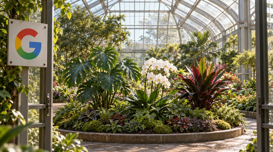Three mature plants stand among rows of varied seedlings beneath a glass conservatory roof, with a Google sign at the entrance.