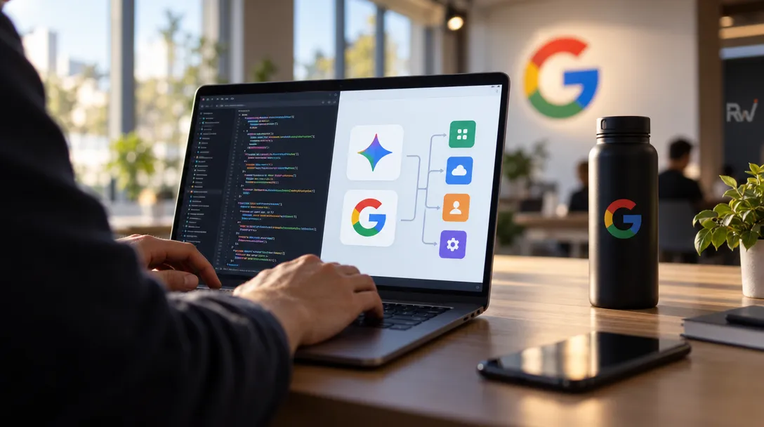 A person types on a laptop displaying code, Google logos and a connected icon diagram, beside a Google-branded bottle and a phone.