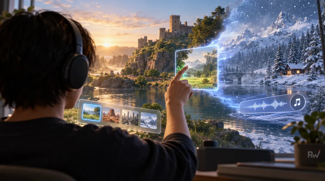 A person wearing headphones touches a floating landscape panel beside a sunset castle and snowy village scene, with a music icon and RW logo.