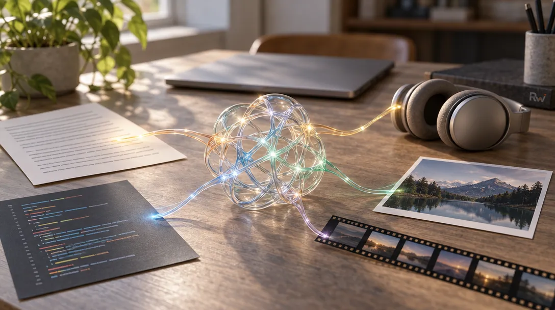 A small computer sits among text, code, a photograph, film frames, and headphones, with glass filaments joining them into one form to represent Google’s EmbeddingGemma.