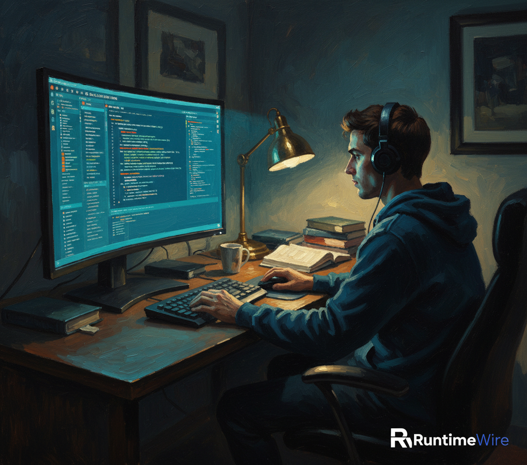 A lone developer, seen from behind or profile, intensely focused on a computer screen displaying lines of code. (oil painting in the manner of Edward Hopper)