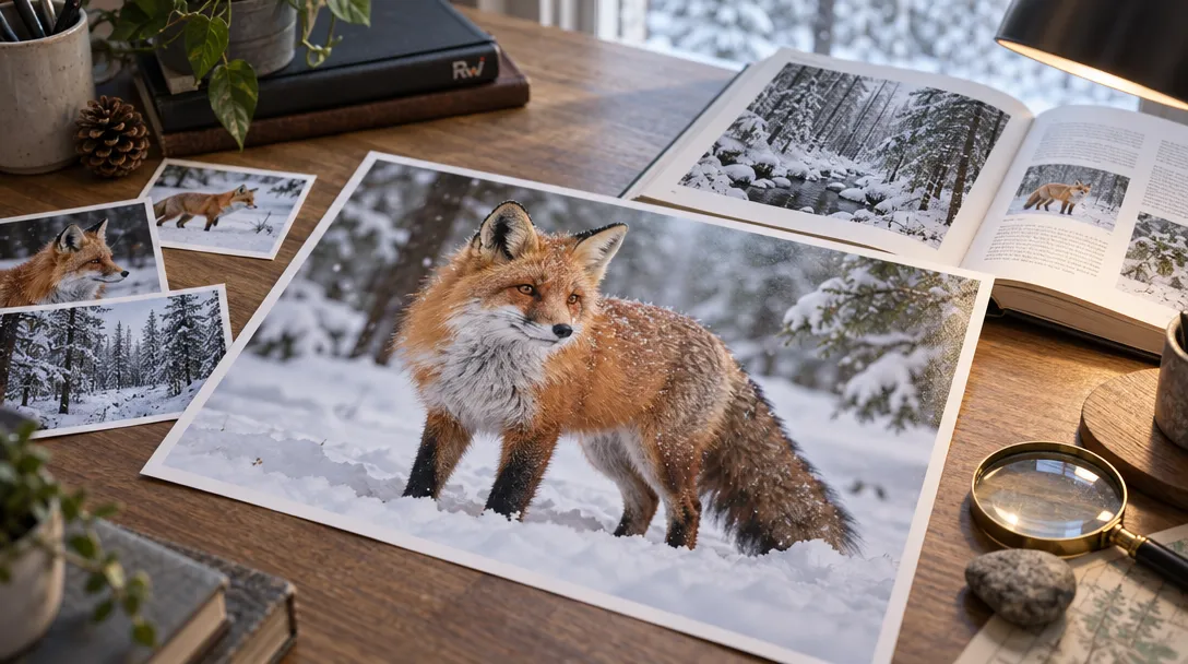 A detailed red fox image print rests beside smaller fox photographs and an open nature guide, illustrating Google Nano Banana 2.1's reference-grounded image generation.