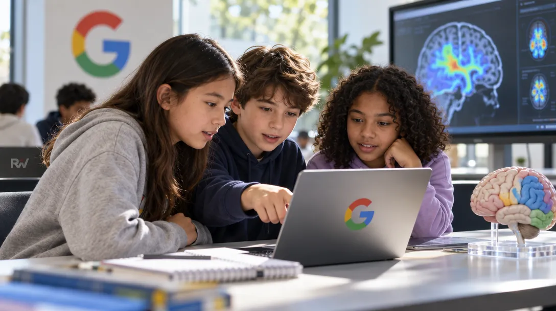 Three students look at a Google laptop as one points at the screen; a brain model and brain scan monitor are nearby.