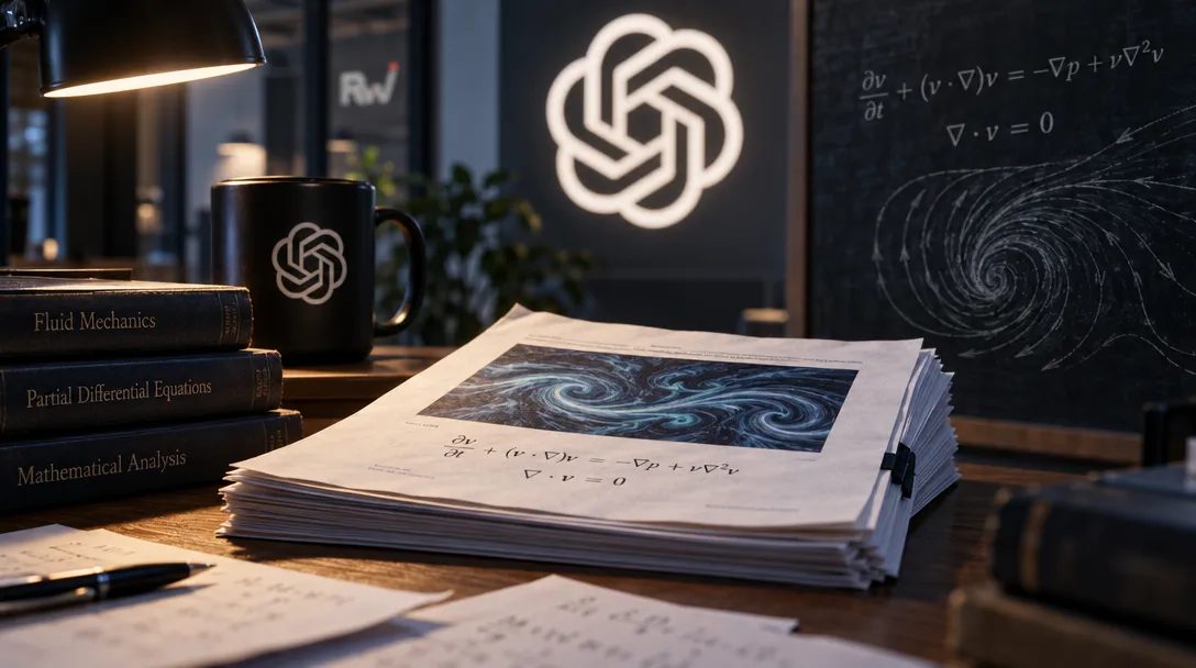 A desk holds fluid mechanics books, papers with vortex diagrams, a mug and illuminated OpenAI logos, and a chalkboard with equations.