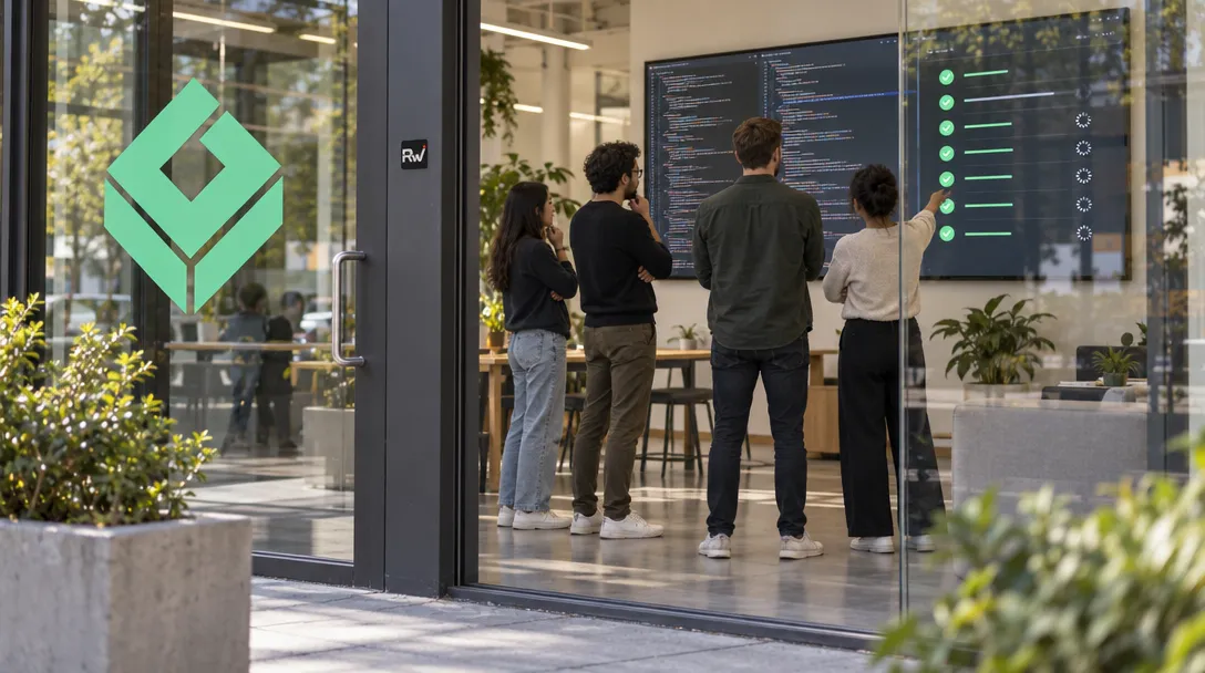 Developers study source code and running software tests inside a glass-fronted workspace marked Greptile.