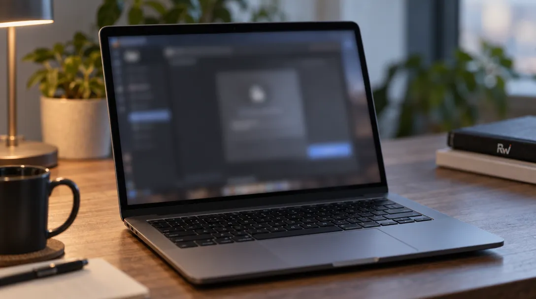 An open Windows laptop with an obscured application screen sits on a desk during an examination of the Grok Bot email-address workflow.