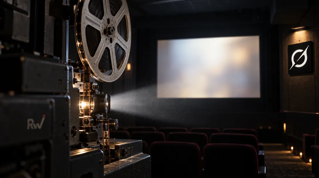 A film projector marked “Rw” casts a beam toward a blank screen above rows of dark seats, beside a crossed-circle wall symbol.