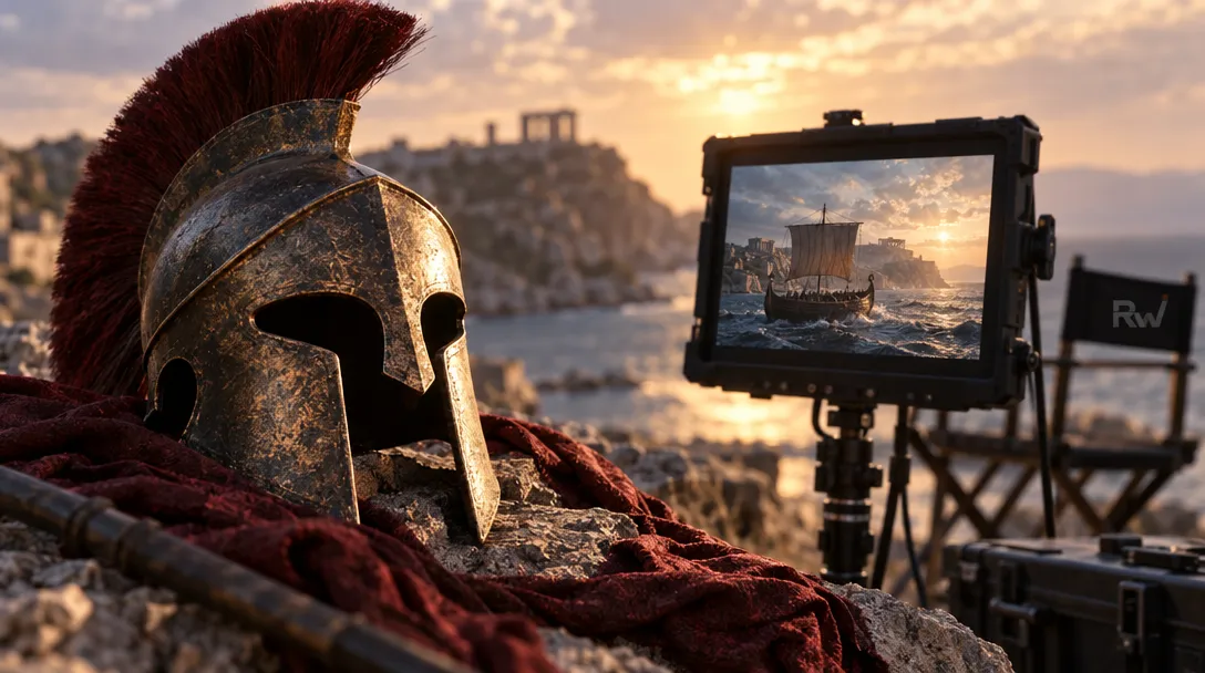 A bronze helmet with a red plume rests on cloth beside a monitor showing a sailing ship at sunset and a chair marked “Rw”.