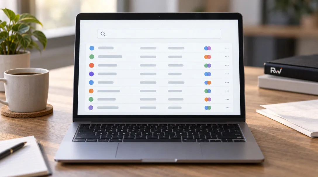 An open laptop displays a grouped directory of proposed domain applications beside papers on a desk.