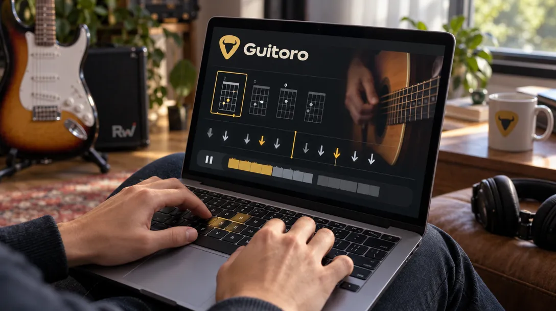 Guitoro turns a laptop keyboard into a guitar practice tool — The free browser app pairs sampled guitar sounds with 51 song arrangements, visible strumming patterns and a practice mode that waits at chord changes.