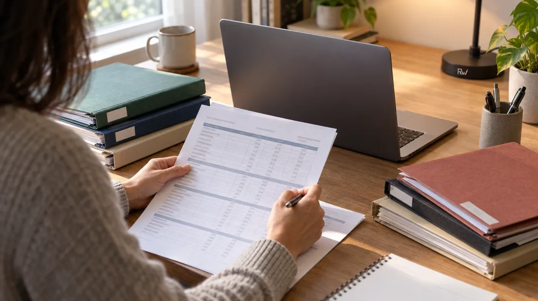 An accountant reviews several client payroll folders and ledgers beside one open laptop.