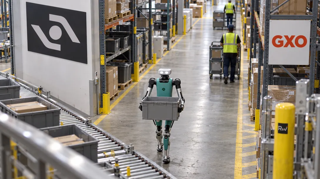 A humanoid robot carries a gray bin through a warehouse as workers push carts nearby; a sign reads “GXO.