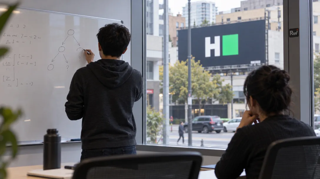 A candidate works through a whiteboard puzzle during an interview, with a HackerRank billboard visible through the room’s window.