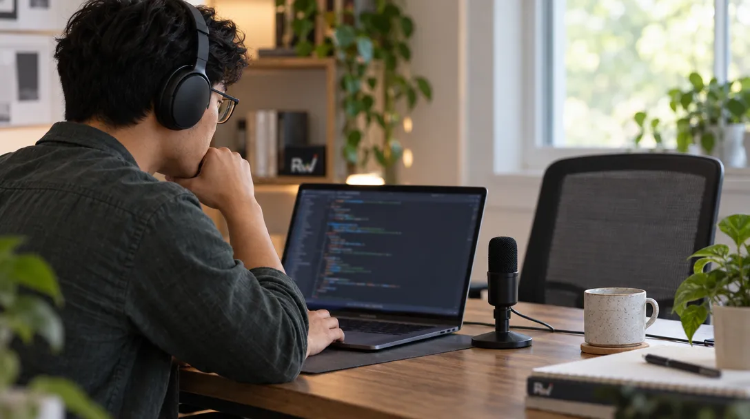 An engineer works through code on a laptop during a technical interview, with a small microphone beside the computer.